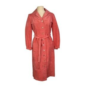 Vera Maxwell Original Ultra Suede Coral Button Front Belted Coat Dress 70s 80s M